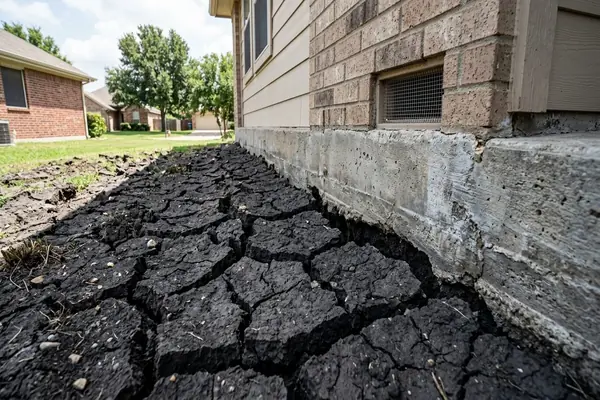 North Texas blackland prairie clay shrinking away from residential concrete slab foundation in Denton TX