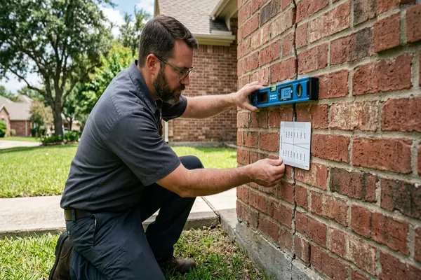 Professional foundation inspector evaluating slab leveling costs in Denton TX home
