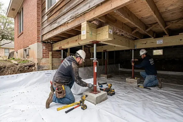 Foundation leveling and structural pier permit inspection in Denton Texas home