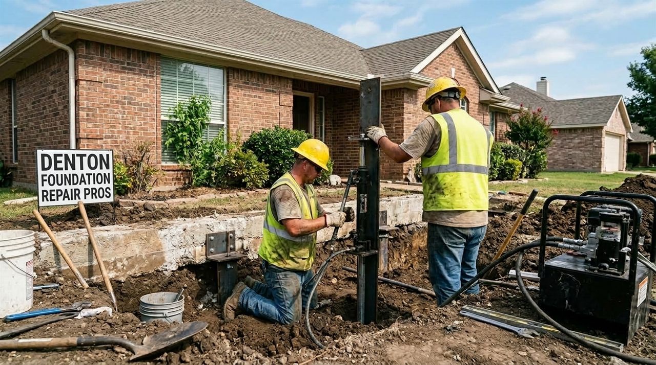 Foundation repair excavation and steel piers installation in Denton Texas