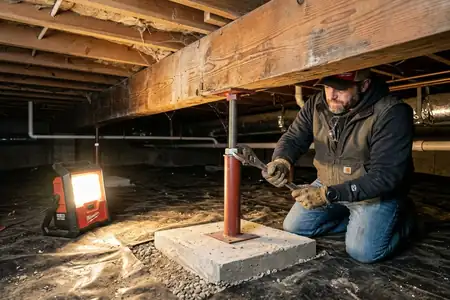 Pier and beam crawl space subfloor leveling in Denton