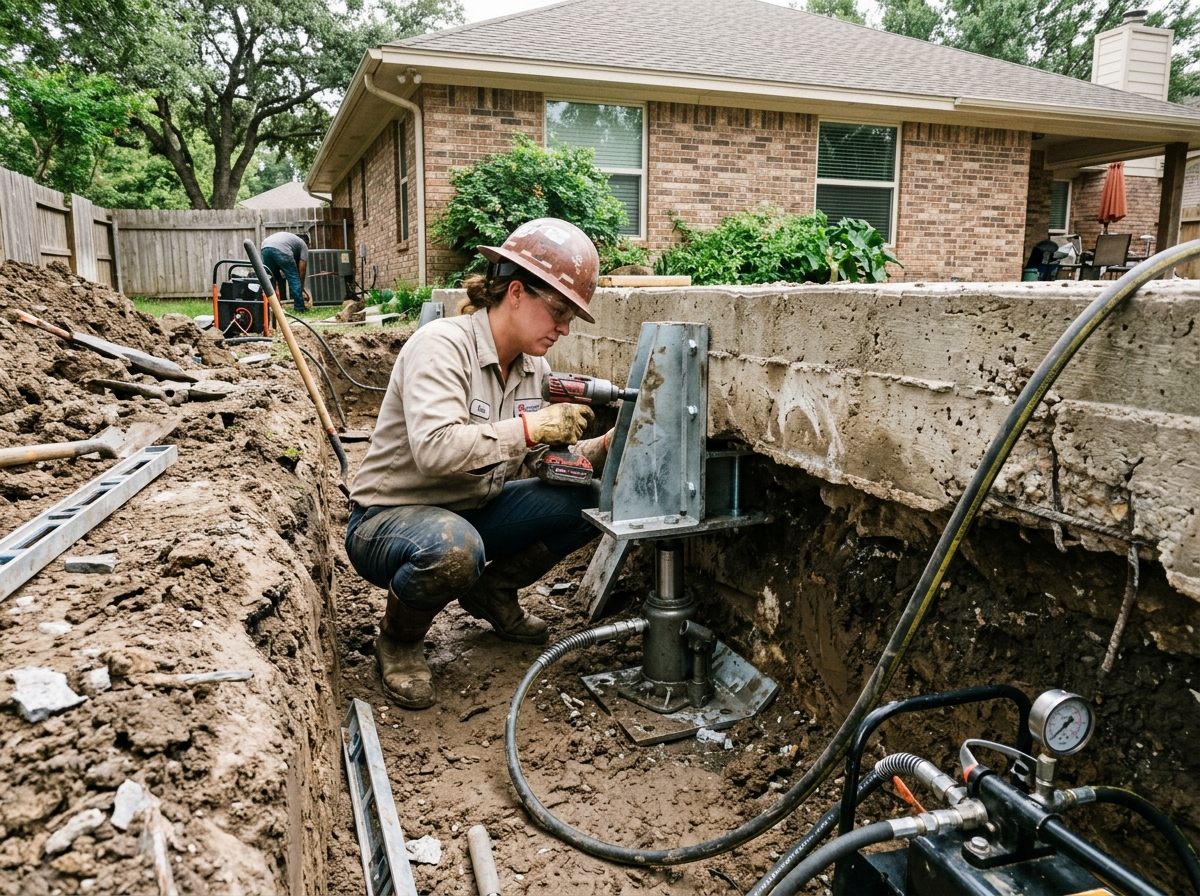 Residential concrete slab foundation underpinning in Denton Texas
