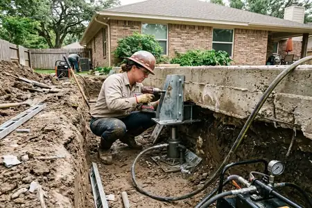 Residential concrete slab foundation underpinning in Denton Texas