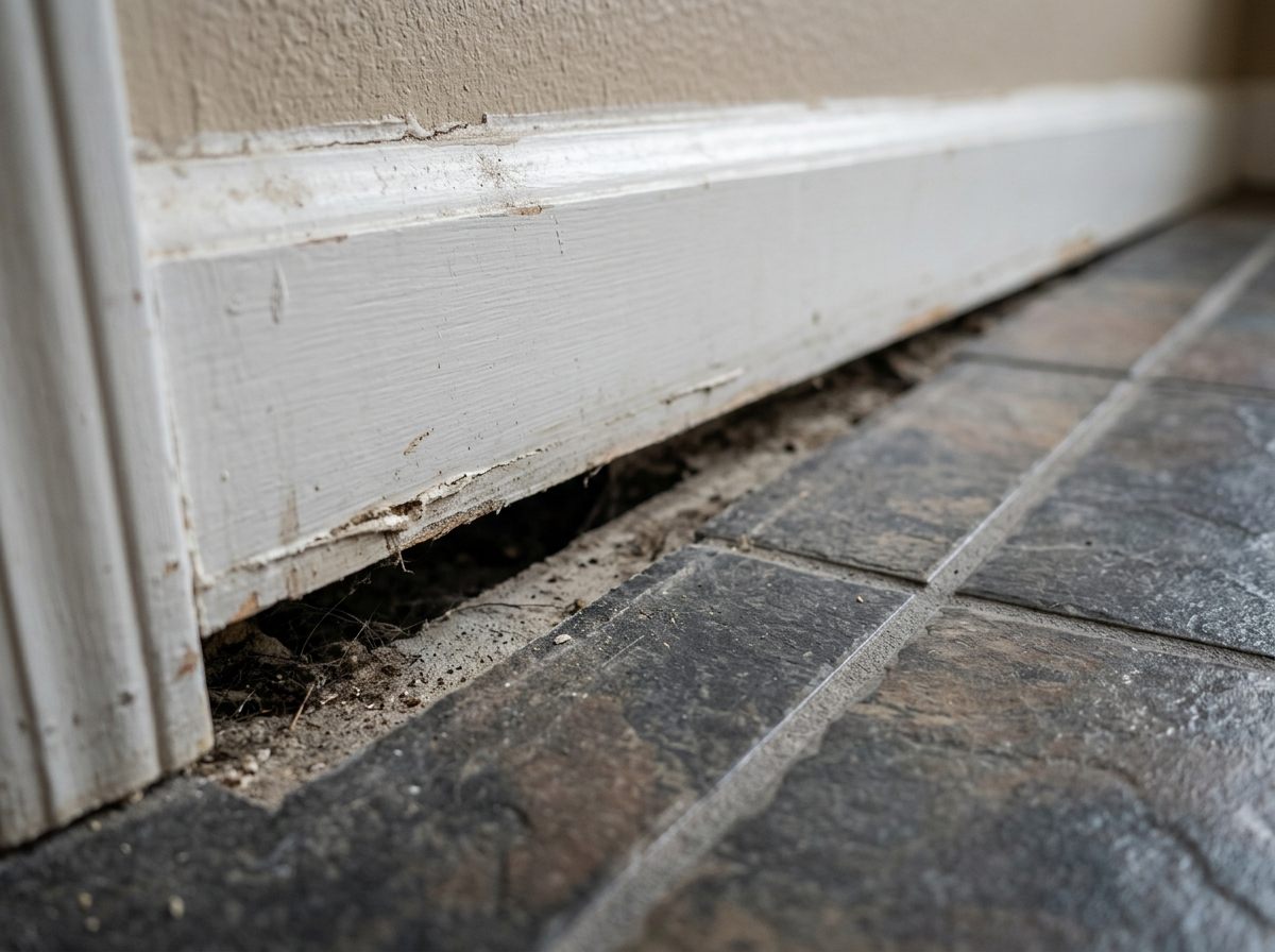 Gaps between baseboard trim and flooring caused by concrete slab dropping