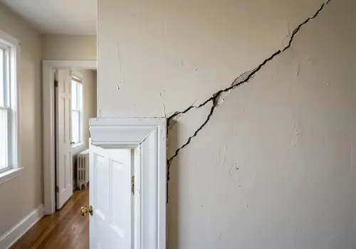 Sheetrock wall cracks above door frame caused by foundation settling