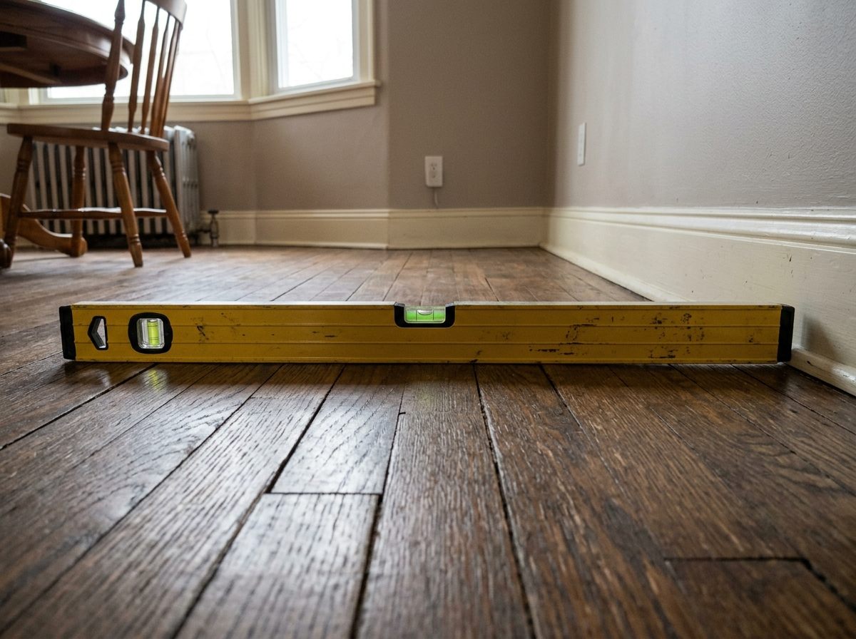 Sloping floor level measurement tool showing foundation grade drop
