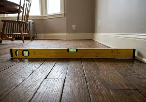Sloping floor level measurement tool showing foundation grade drop