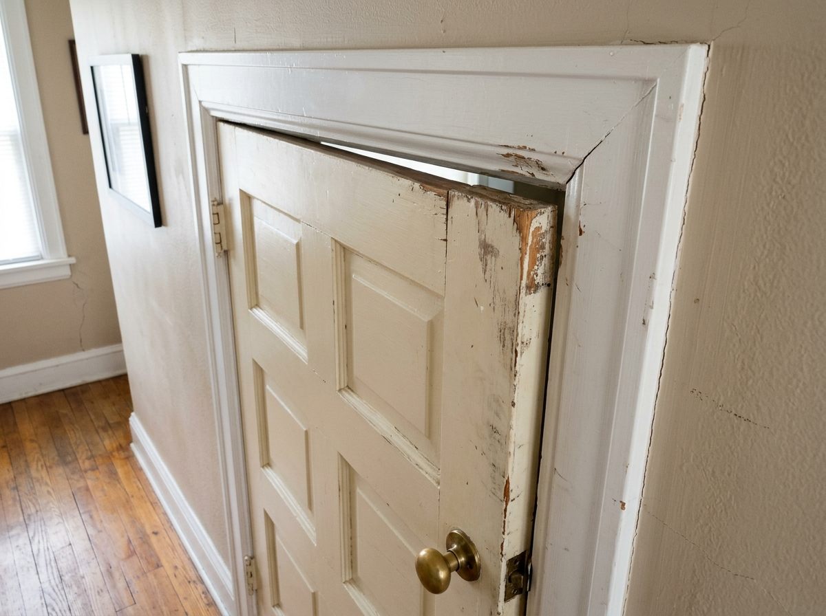 Sticking interior door frame misaligned from foundation shift