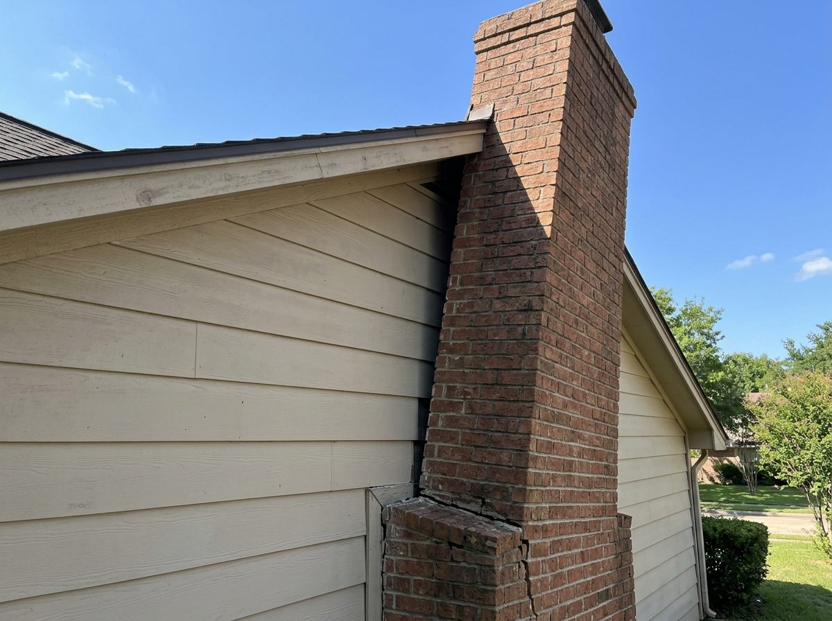 Exterior brick chimney pulling away from residential siding due to foundation footing failure